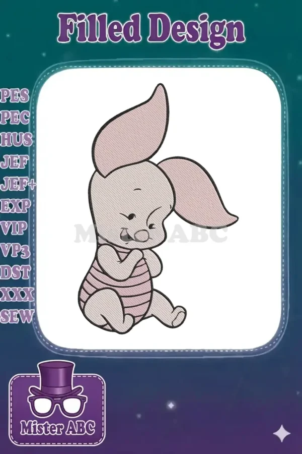 An endearing embroidery of Piglet from Winnie the Pooh, sitting with hands clasped, featuring soft pinks and black outlines.