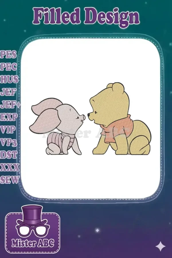 Embroidery design of Winnie the Pooh and Piglet, nose-to-nose, depicting their iconic, tender friendship.
