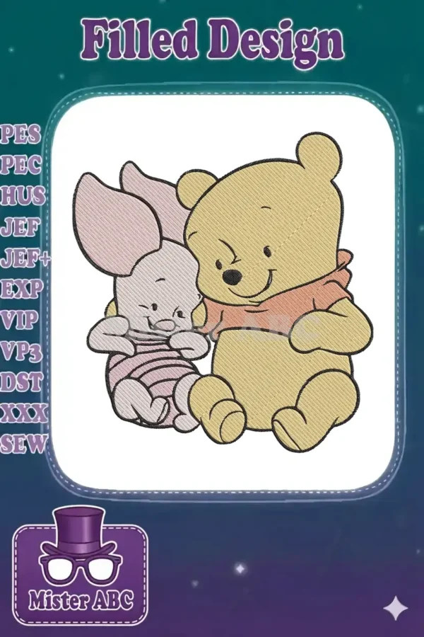 High-quality embroidery design featuring Winnie the Pooh hugging Piglet, showcasing detailed stitching and vibrant colors.