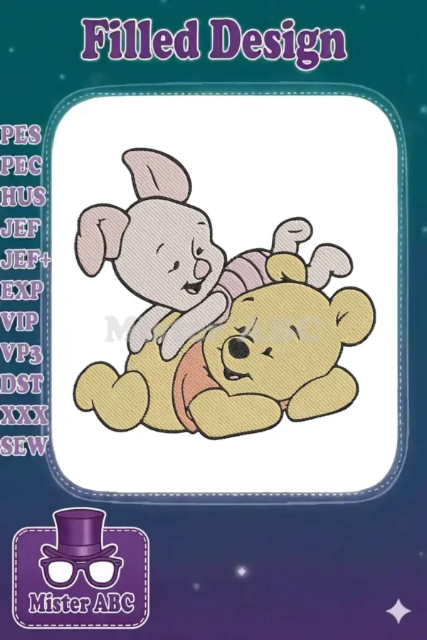 An adorable embroidery of Winnie the Pooh lying down with Piglet playfully on his back, showcasing friendship.