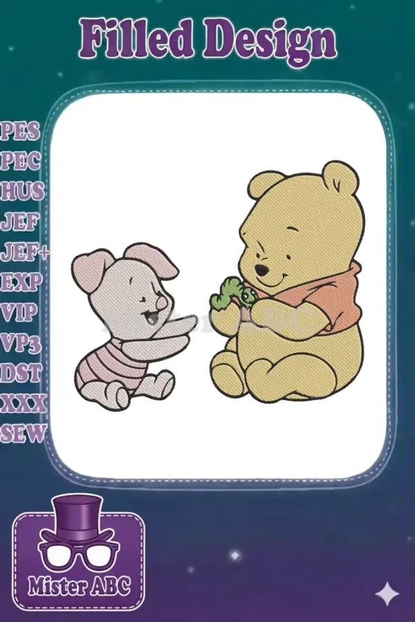 A charming machine embroidery design featuring Winnie the Pooh holding a green item while Piglet reaches out.