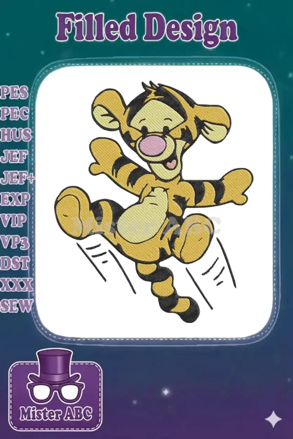 Tigger from Winnie the Pooh, mid-jump, showcasing a vibrant, detailed embroidery design with cheerful energy.