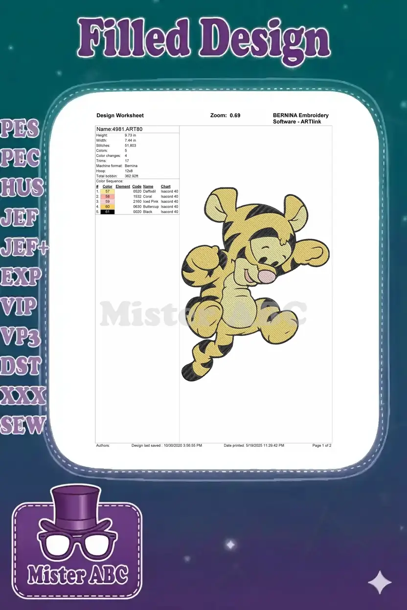 Embroidery design worksheet for Tigger, showing dimensions, stitch count, color sequence, and machine format details.