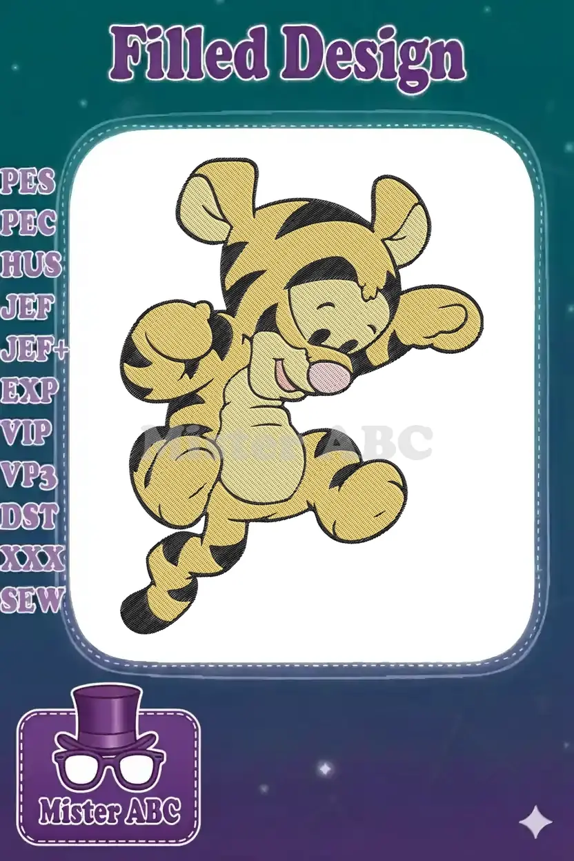 A lively embroidery design featuring Tigger from Winnie the Pooh, mid-bounce, with vibrant colors and detailed stitching.