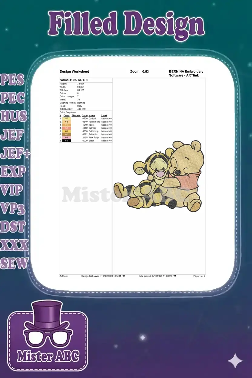 Embroidery design worksheet for Pooh and Tigger, detailing dimensions, stitch count, thread colors, and machine info.