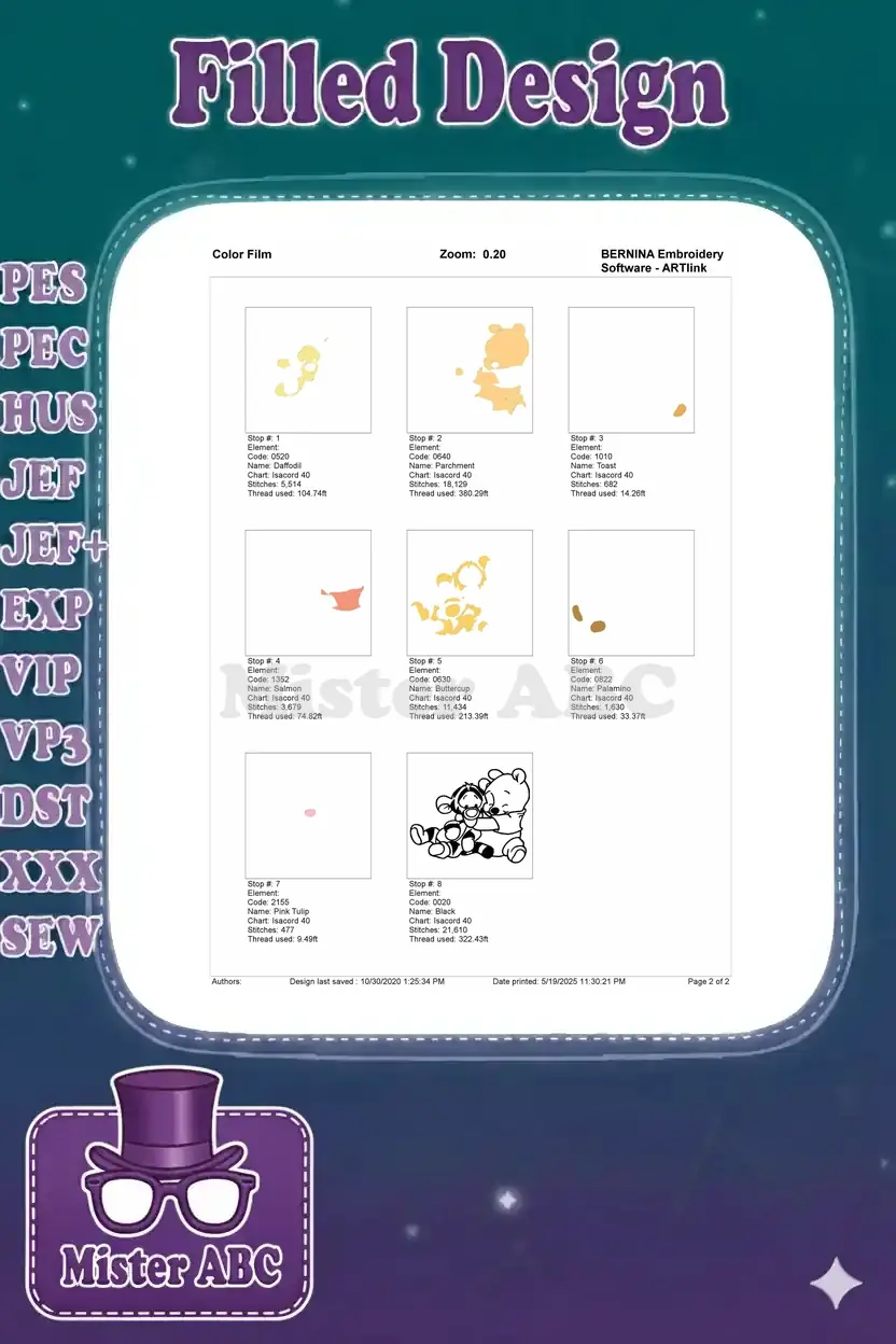 Color film breakdown showing the stitch order and thread usage for the Winnie the Pooh and Tigger design.