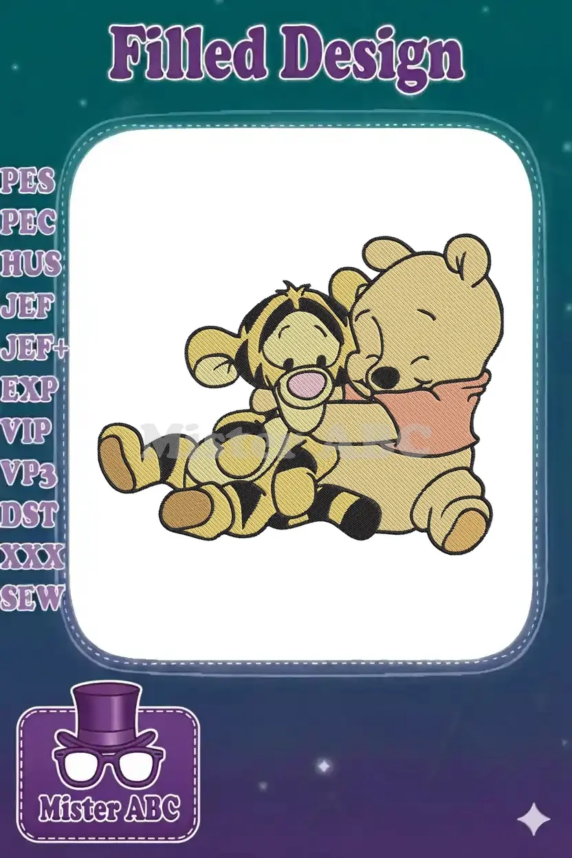 Close-up of an embroidered Winnie the Pooh hugging Tigger, showcasing fine detail and vibrant thread colors.