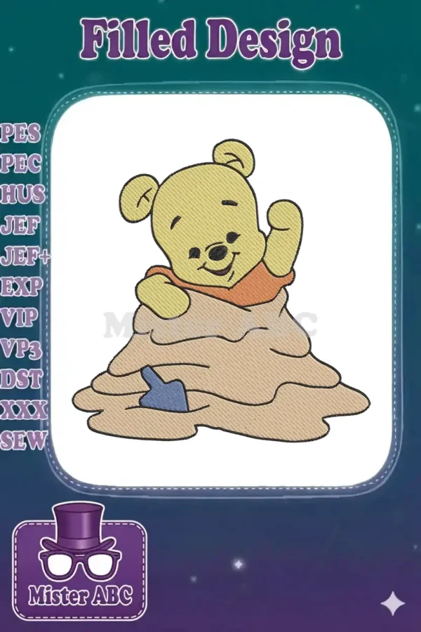 Winnie the Pooh embroidery design, happy and waving from a textured honey or sand pile with a shovel.