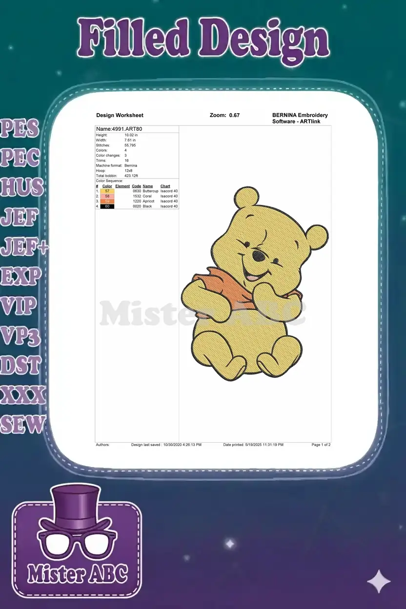 Embroidery design worksheet for Winnie the Pooh, detailing dimensions, stitch count, colors, and hoop size.