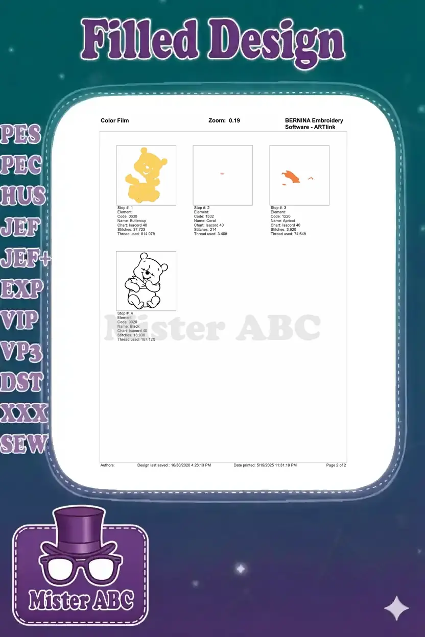 Color film breakdown for Winnie the Pooh embroidery, showing each color's stitch sequence and thread usage.