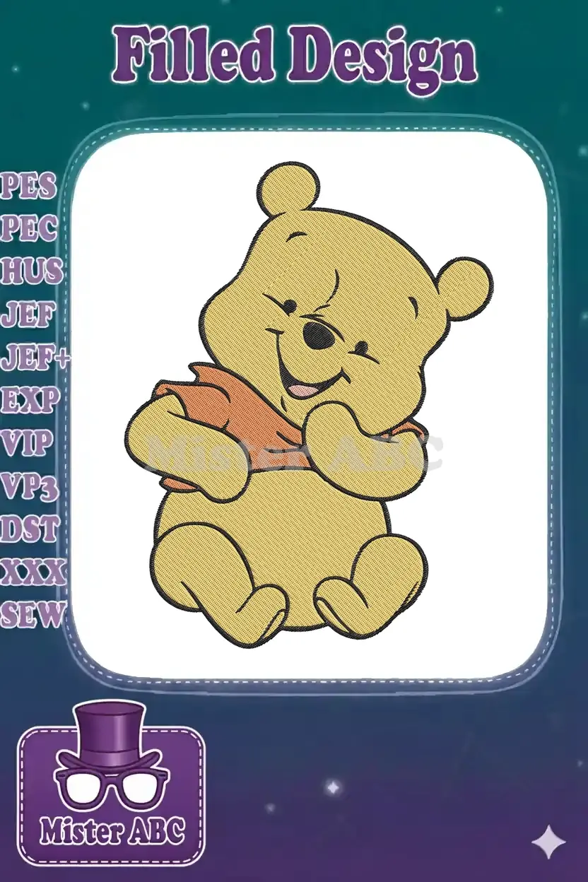 Embroidered Winnie the Pooh design, featuring the beloved bear sitting happily with a warm, friendly smile.