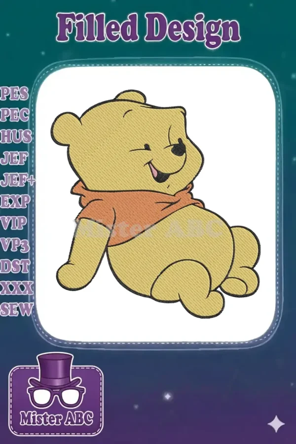 A delightful Winnie the Pooh embroidery design, sitting cheerfully with a warm smile, ready for any project.