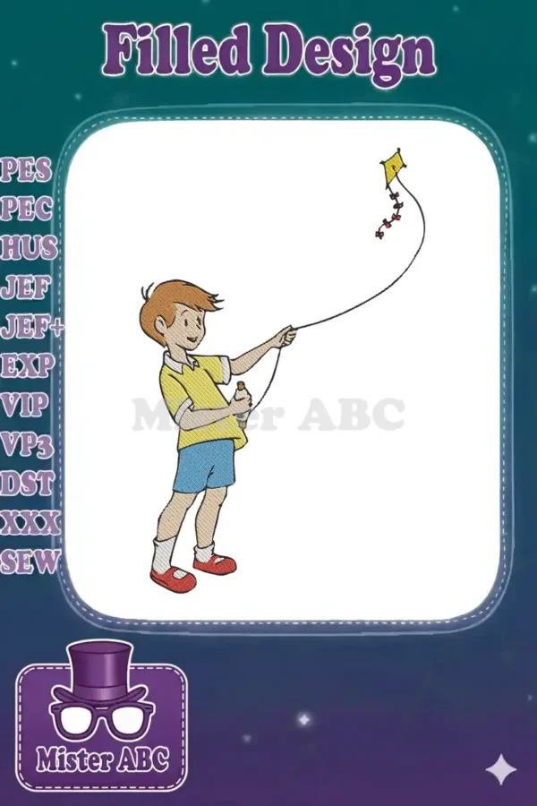 Embroidered design of Christopher Robin, a happy boy, joyfully flying a colorful yellow kite with a long tail.