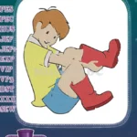 Cute boy putting on red boots embroidery designs - Instant Download