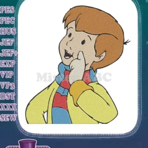 An endearing embroidery design of Christopher Robin, looking thoughtful with his finger on his cheek, wearing a scarf and yellow coat.