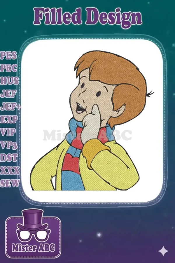 An endearing embroidery design of Christopher Robin, looking thoughtful with his finger on his cheek, wearing a scarf and yellow coat.