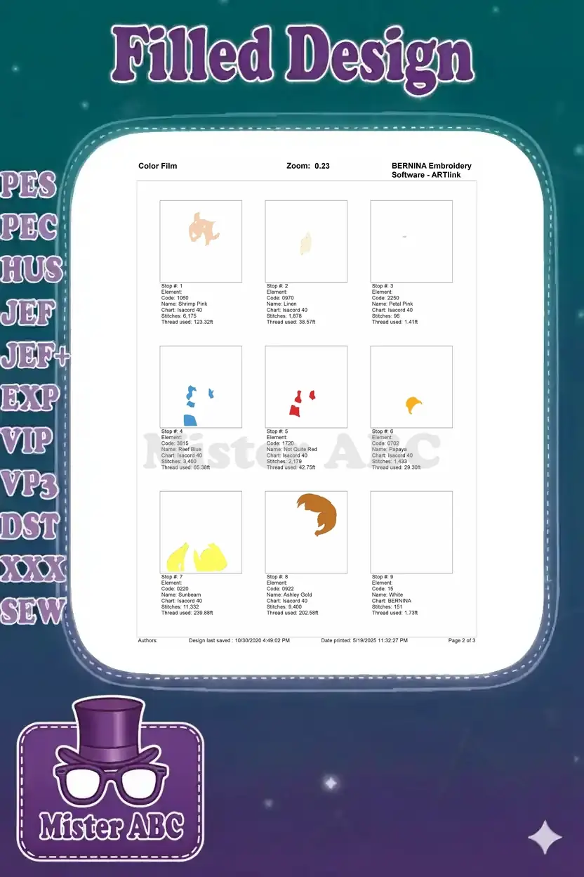 Color film showing the first nine stitch elements and thread details for the Christopher Robin embroidery design.
