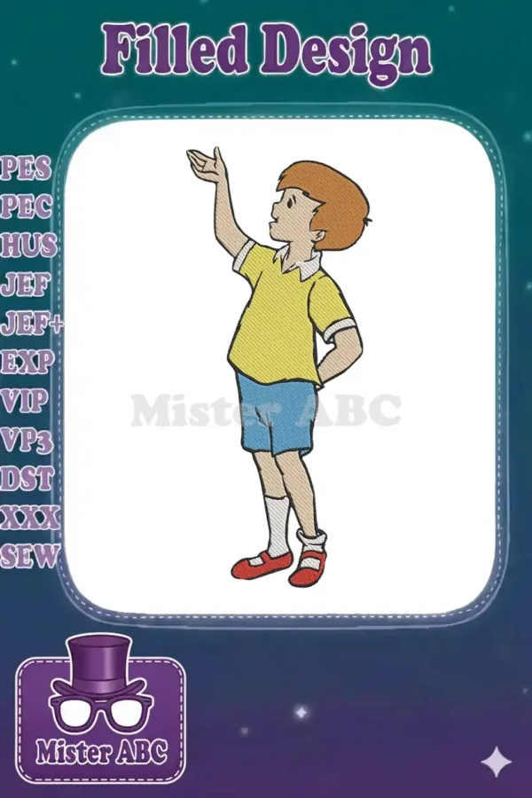 Embroidery design of a cheerful boy, Christopher Robin-like, in yellow shirt and blue shorts, reaching skyward.