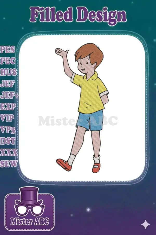 Vibrant Christopher Robin embroidery design, full body, waving, with classic colors and detailed stitching.