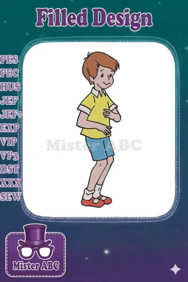 A charming embroidery of Christopher Robin from Winnie the Pooh, featuring his iconic yellow shirt and blue shorts, ready for stitching.