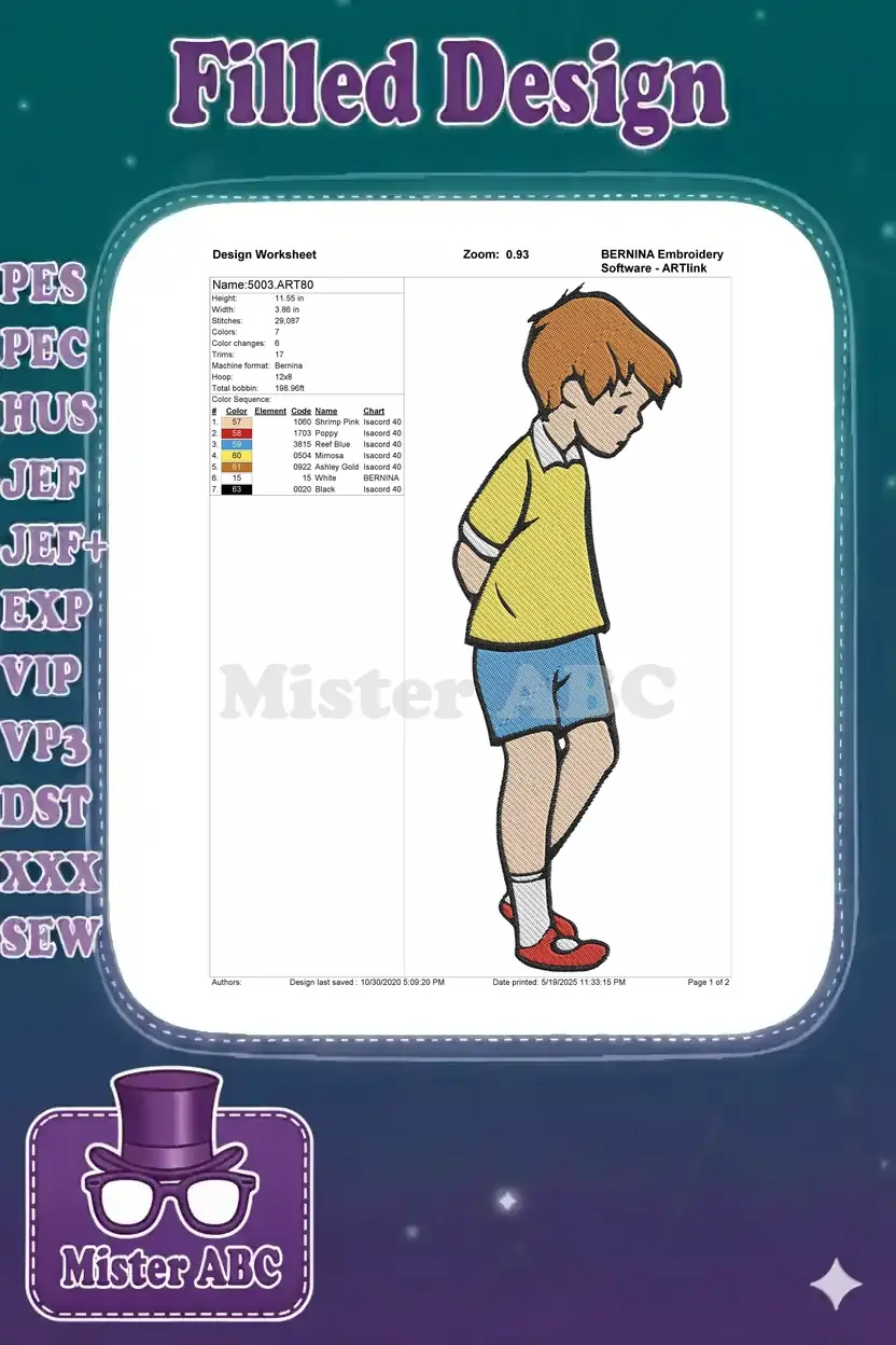 Detailed embroidery design worksheet for Christopher Robin, showing dimensions, stitch count, and thread color chart.