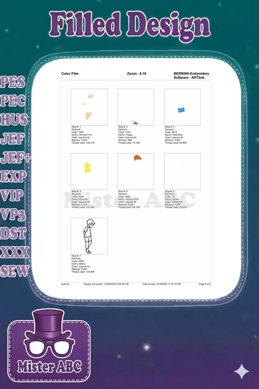 Embroidery color film showing the stitch-by-stitch breakdown and layering of the Christopher Robin design.