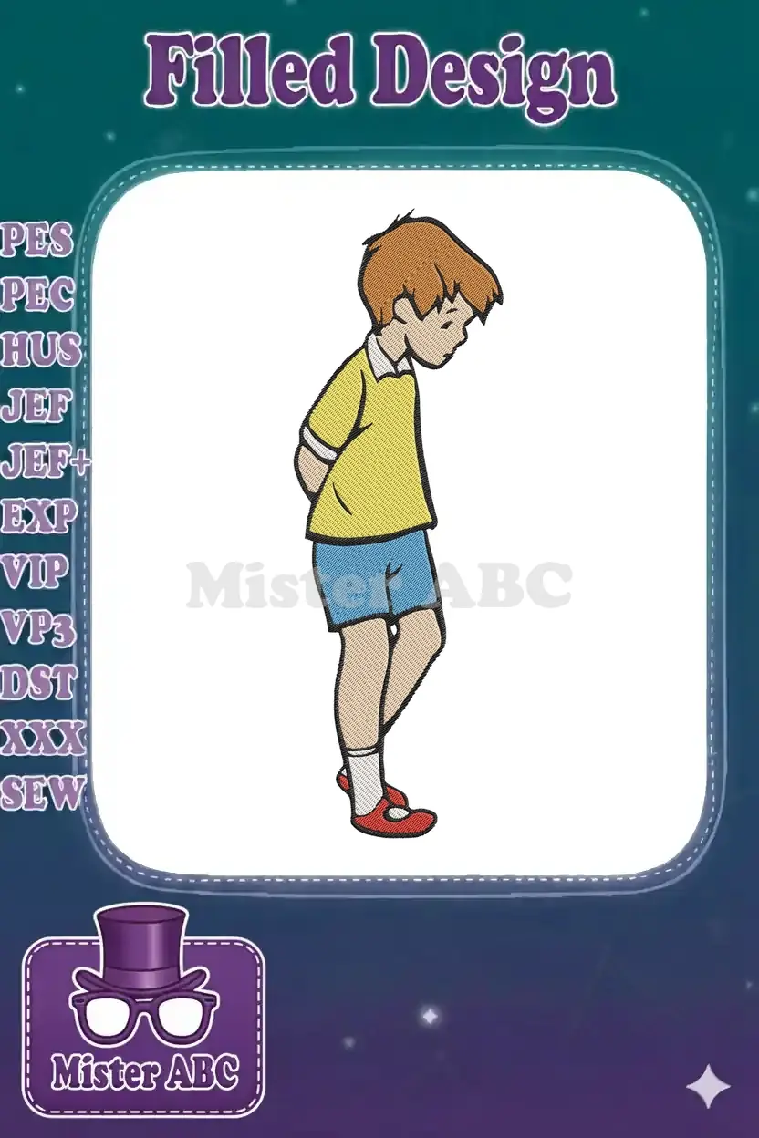 A delightful Christopher Robin embroidery design, showcasing a young boy in a yellow shirt and blue shorts. Classic charm.
