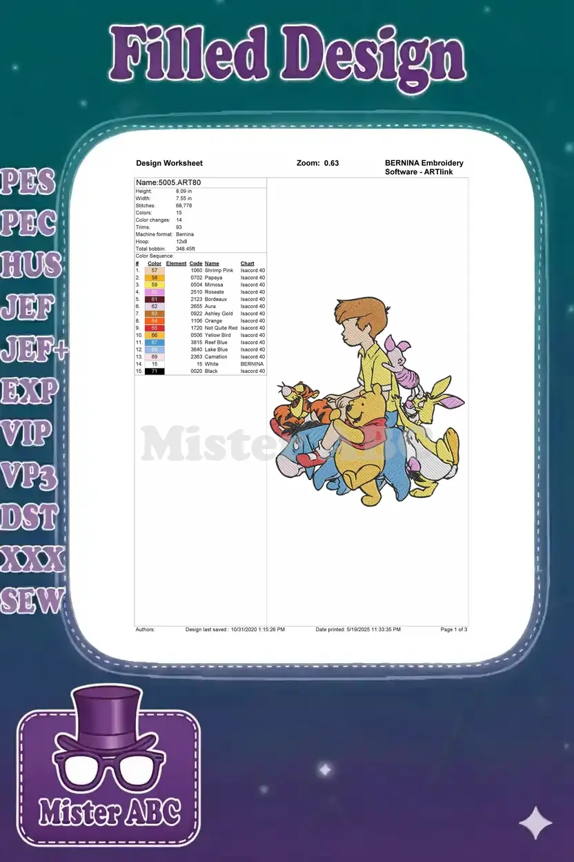 Embroidery design worksheet showing dimensions, stitch count, color chart, and a preview of the finished design.
