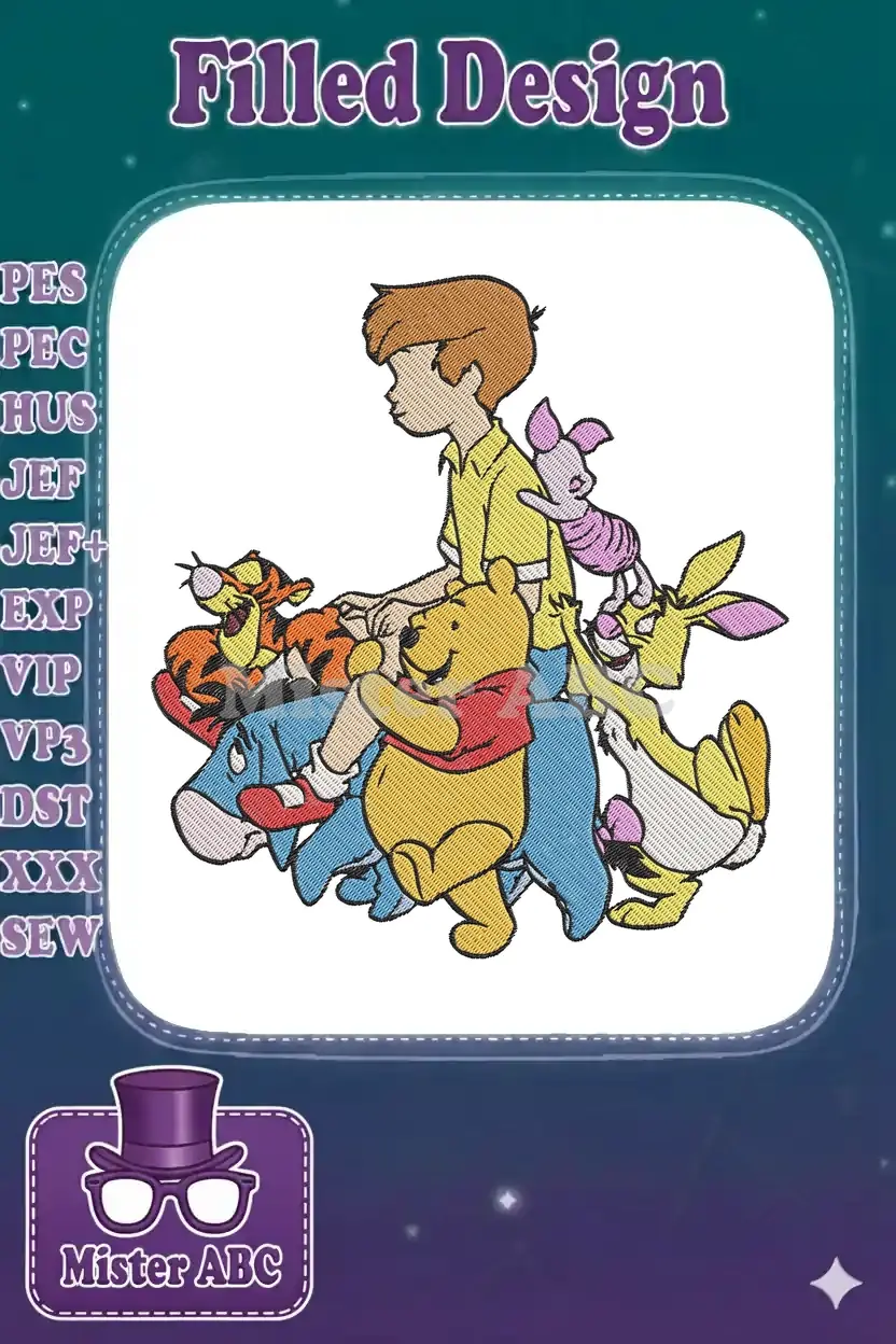 Detailed embroidery design of Christopher Robin walking with Winnie the Pooh, Tigger, Piglet, Eeyore, and Rabbit.