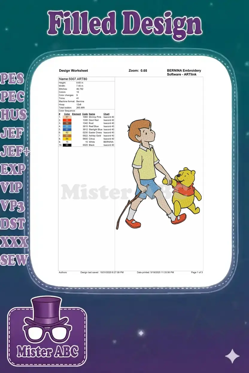 Detailed design worksheet for the Christopher Robin and Winnie the Pooh embroidery, showing thread colors and stitch count.