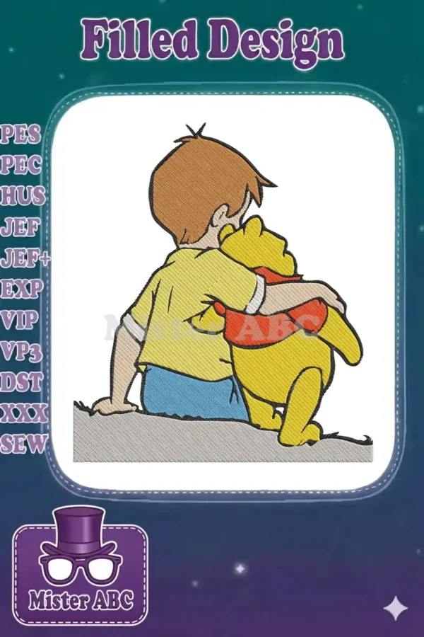 Christopher Robin and Winnie the Pooh hugging from behind, a heartwarming embroidery design in fill stitch.