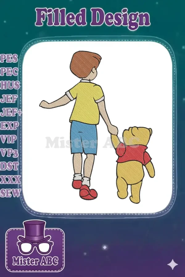 Christopher Robin and Winnie the Pooh holding hands, walking away, captured in a delightful embroidery design.