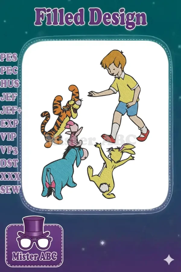 Christopher Robin and his friends Winnie the Pooh, Tigger, Piglet, Eeyore, and Rabbit in a lively embroidery design.
