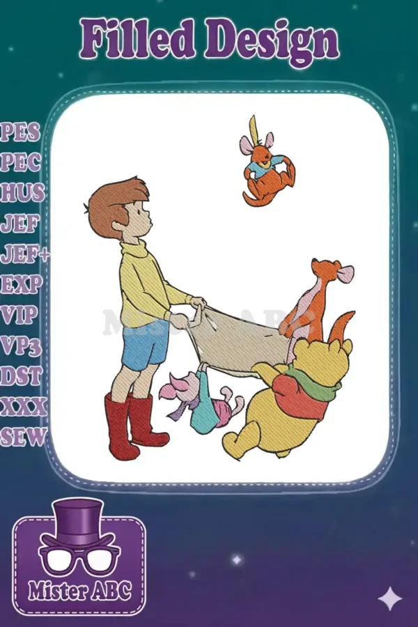 Christopher Robin, Winnie the Pooh, Piglet, Kanga, and Roo embroidery design in a whimsical, playful scene.
