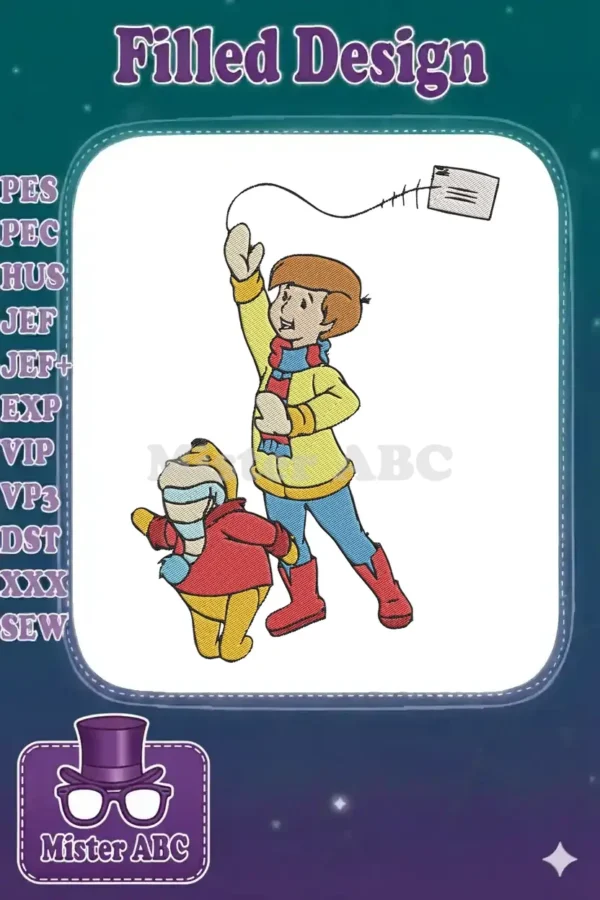 Christopher Robin and Winnie the Pooh in winter clothing, with Christopher Robin holding a string attached to an envelope.