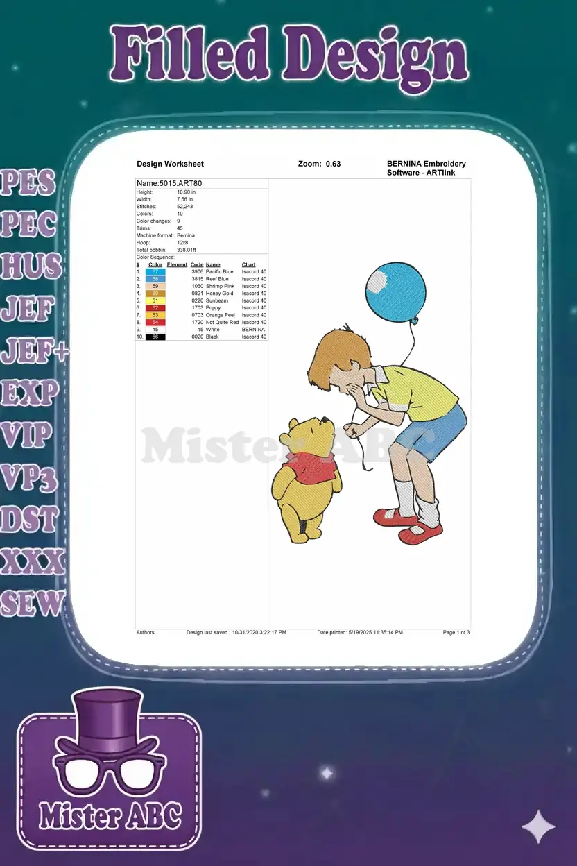 Embroidery design worksheet detailing colors, dimensions, stitch count, and thread brand for Pooh and Christopher Robin.