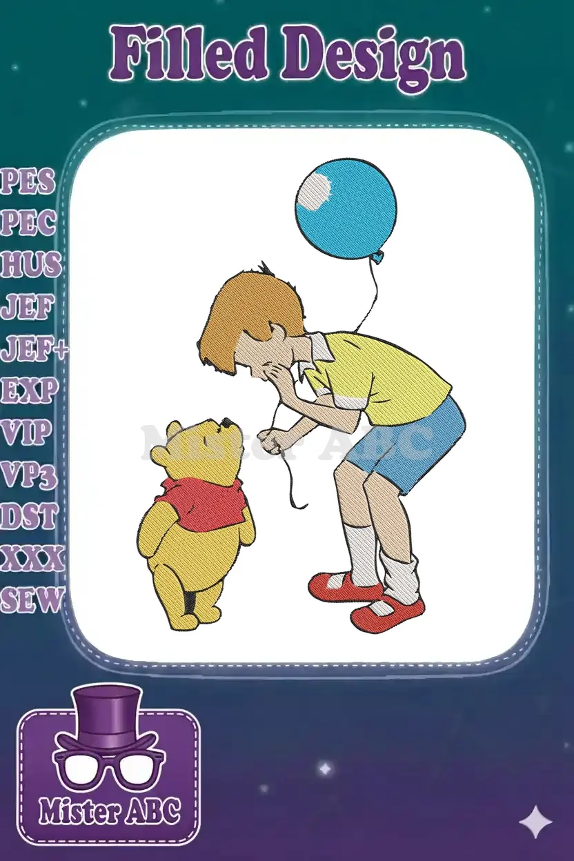 Winnie the Pooh looking up at Christopher Robin, who holds a blue balloon, in a charming embroidery design.