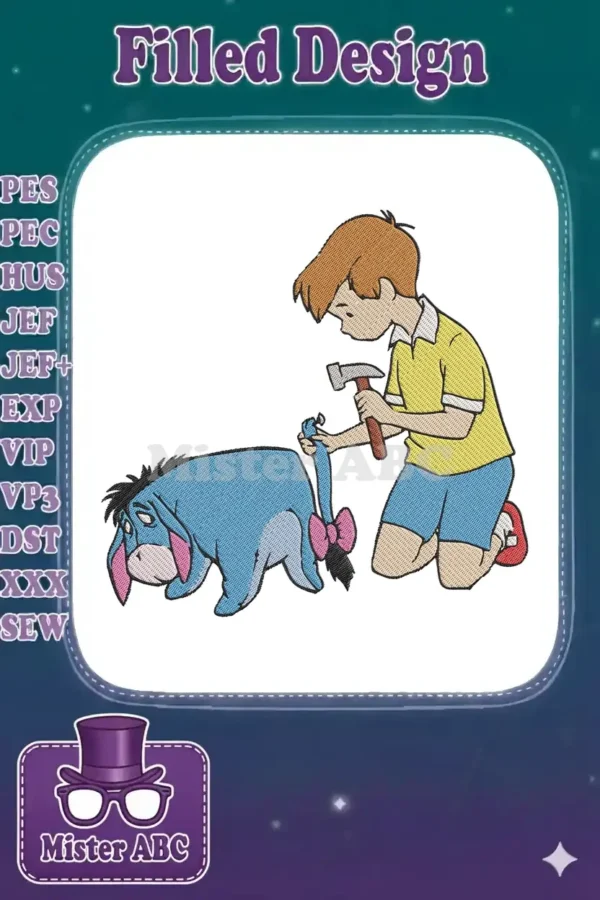Embroidered design of Christopher Robin hammering Eeyore's tail with a pink bow. A classic Winnie the Pooh scene.