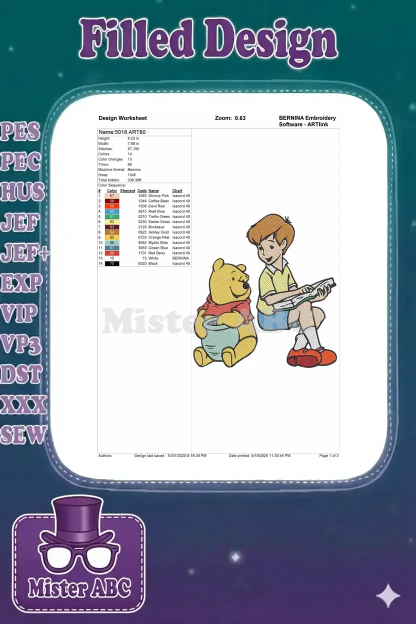 Embroidery design worksheet for '5018.ART80' showing dimensions, stitch count, color chart, and design preview.