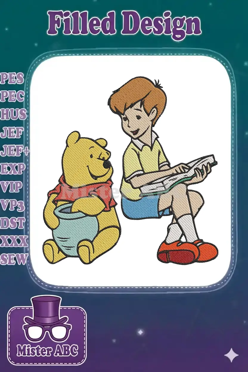 Winnie the Pooh with honey pot and Christopher Robin reading a book, a classic, heartwarming embroidery scene.