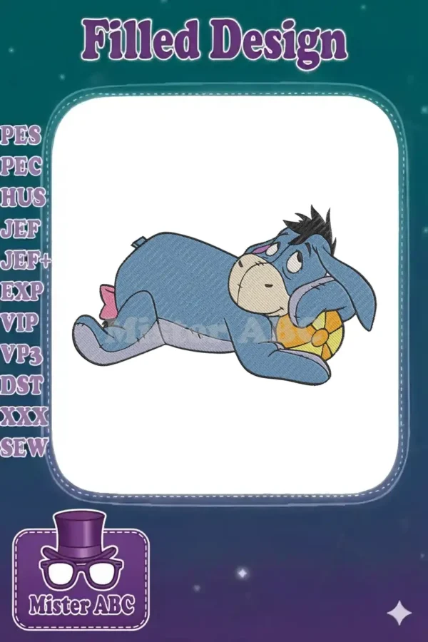 A detailed machine embroidery design of Eeyore, the beloved donkey from Winnie the Pooh, lying down contentedly.
