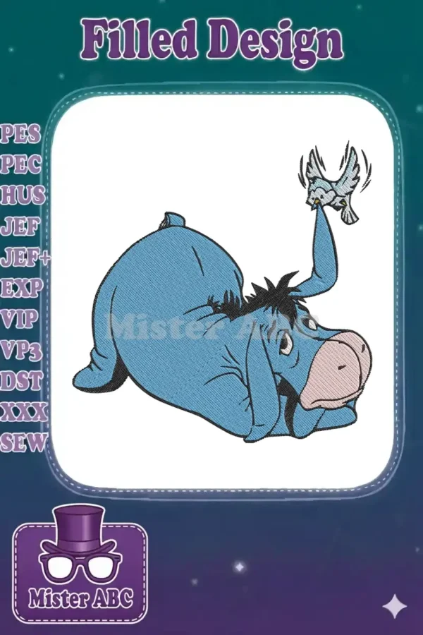 Eeyore, the beloved blue donkey, lying down with a small bird perched on his raised hoof, looking surprised.