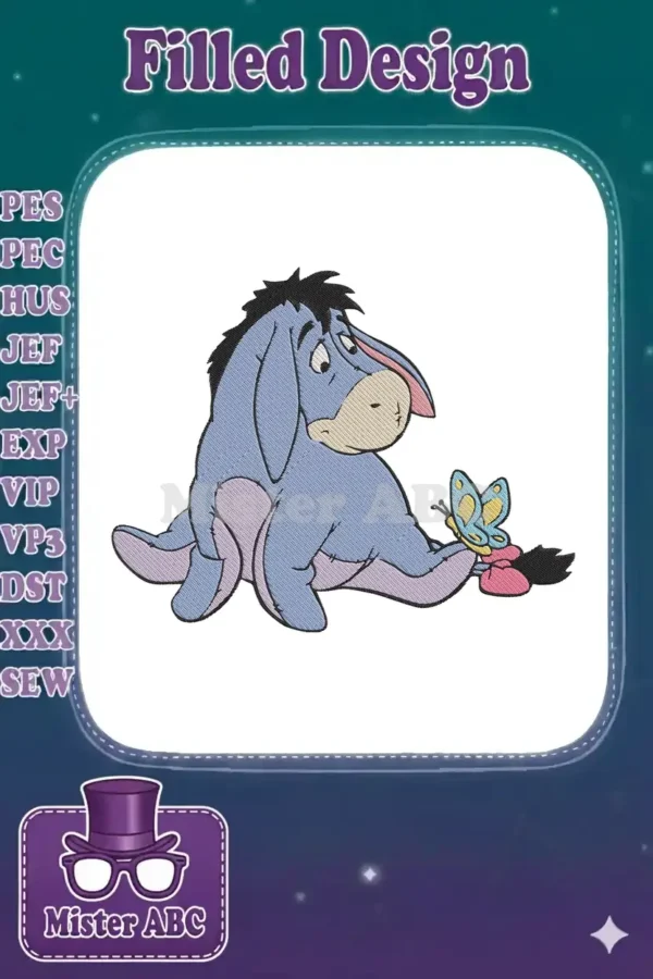Eeyore, the beloved donkey from Winnie the Pooh, sits contemplating a colorful butterfly in a charming embroidery design.