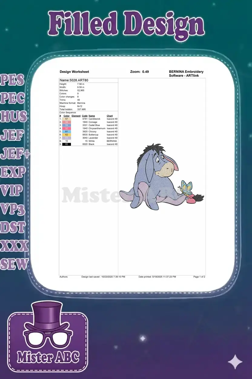 A detailed embroidery design worksheet for Eeyore and butterfly, showing dimensions, stitch count, colors, and machine info.