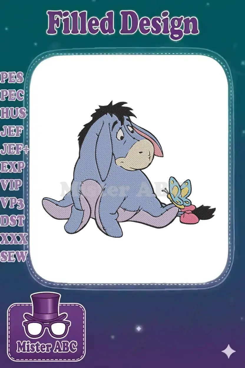 Eeyore, the beloved donkey from Winnie the Pooh, sits contemplating a colorful butterfly in a charming embroidery design.