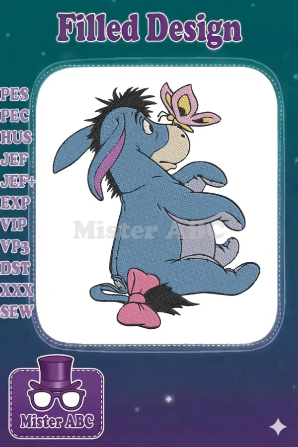 An adorable Eeyore embroidery design, sitting sadly yet sweetly, with a pink bow and a butterfly on his nose.