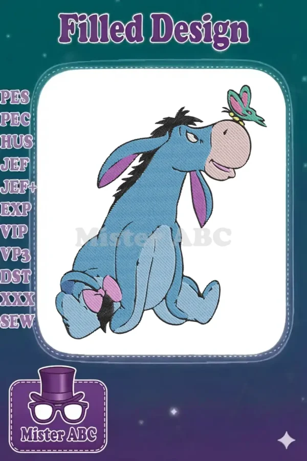 Delightful Eeyore embroidery. Blue donkey with a pink bow, gazing at a green butterfly on his nose, full of charm.