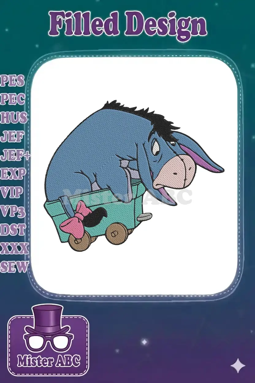 Close-up of a detailed Eeyore embroidery design, featuring the blue donkey in a teal cart with a pink bow.
