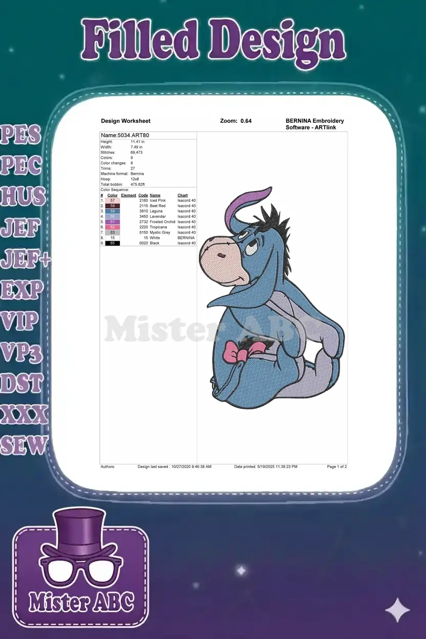 Embroidery design worksheet for Eeyore, detailing dimensions, stitch count, color sequence, and machine specifications like hoop size.