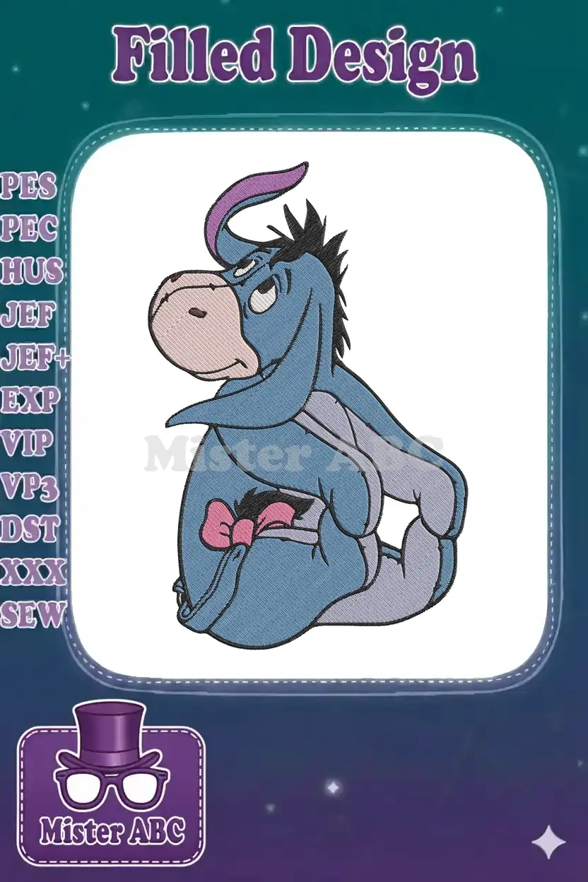 Detailed embroidery design of Eeyore from Winnie the Pooh, showcasing his blue-grey body, pink snout, and signature tail bow.